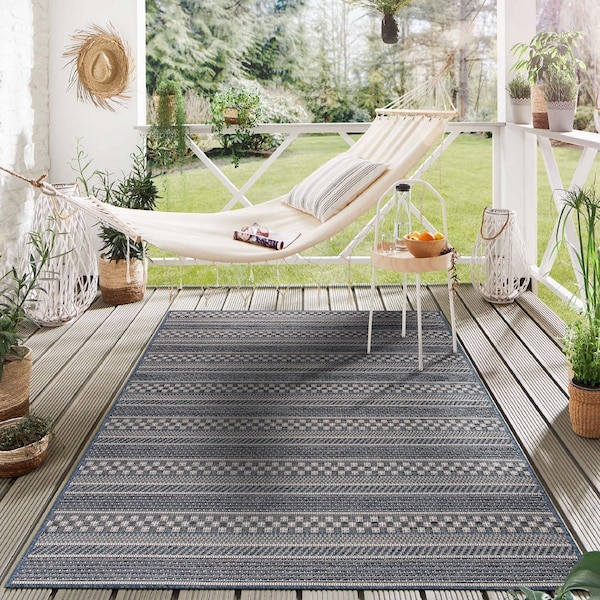World Rug Gallery Bohemian Stripes Indoor/Outdoor Area Rug 5' x 7' Blue 418BLUE5X7 - main